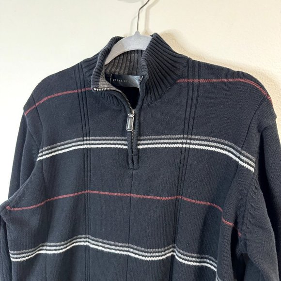 Oscar de la Renta Black Striped Pullover Sweater Mens Size Large L Knit 1/4 Zip - Picture 2 of 9